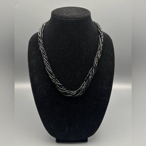VTG Black Glass Beaded Necklace Twisted Multi-strand 22” Long *Clasp Replaced